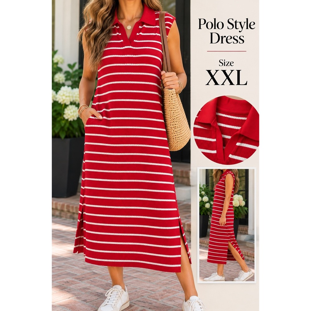 Red White Striped Polo Sweater Dress Sleeveless Waffle Knit Midi XXL